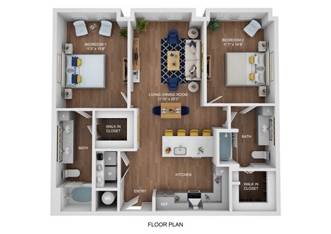 Floor plan for 2 beds, 2 baths, 1182 sqft